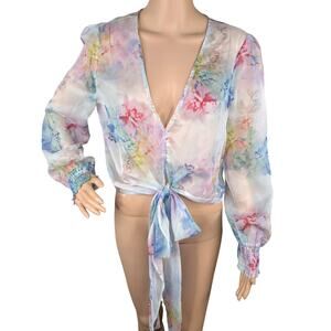 NWT Bebe Printed Chiffon Floral Tie Front Puff Sleeve Blouse Size M Sheer Fairy